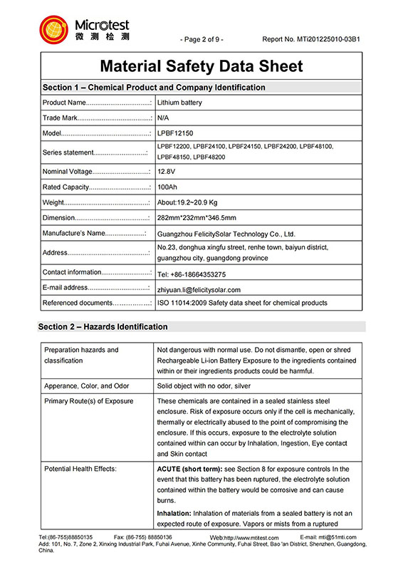 Série LPBF, MSDS